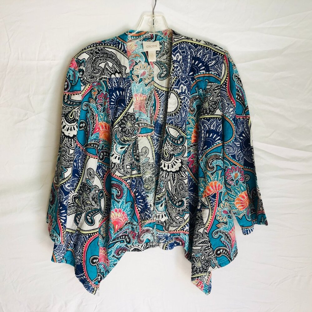 Chico's Women's Size 1 Medium‎ Paisley Floral 100% Linen Open Cardigan